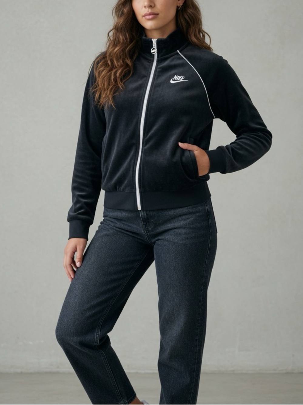 Nike Black Velour Track Jacket with White Piping and retro logo small